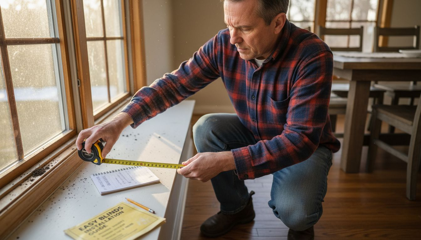 Man measuring bay window for blinds