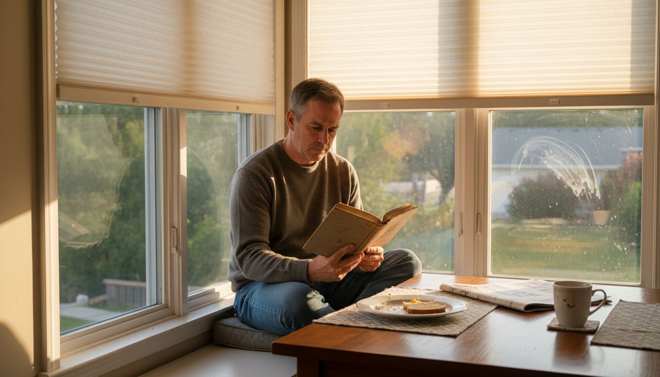 Man reading by cellular blinds in dining nook