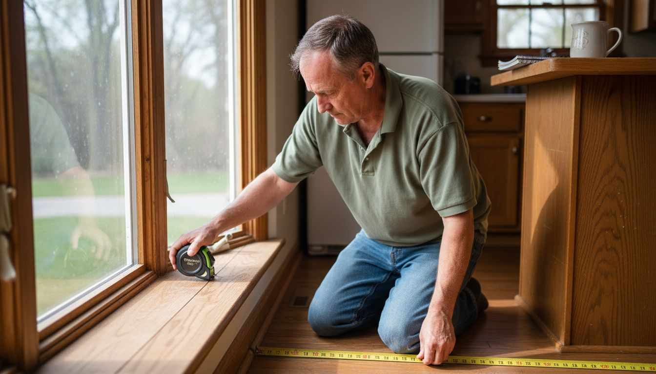 Man measuring window width with tape measure