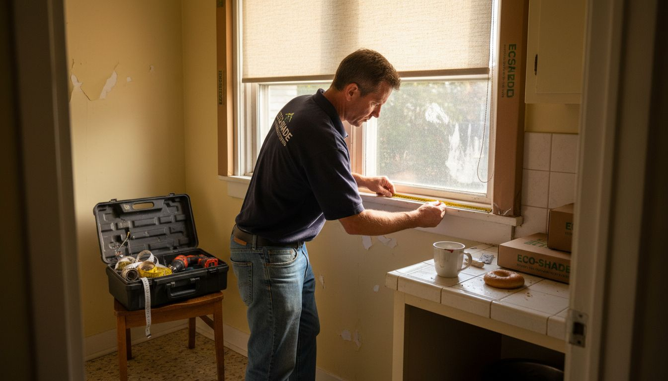 Installer fitting roller shades in kitchen window