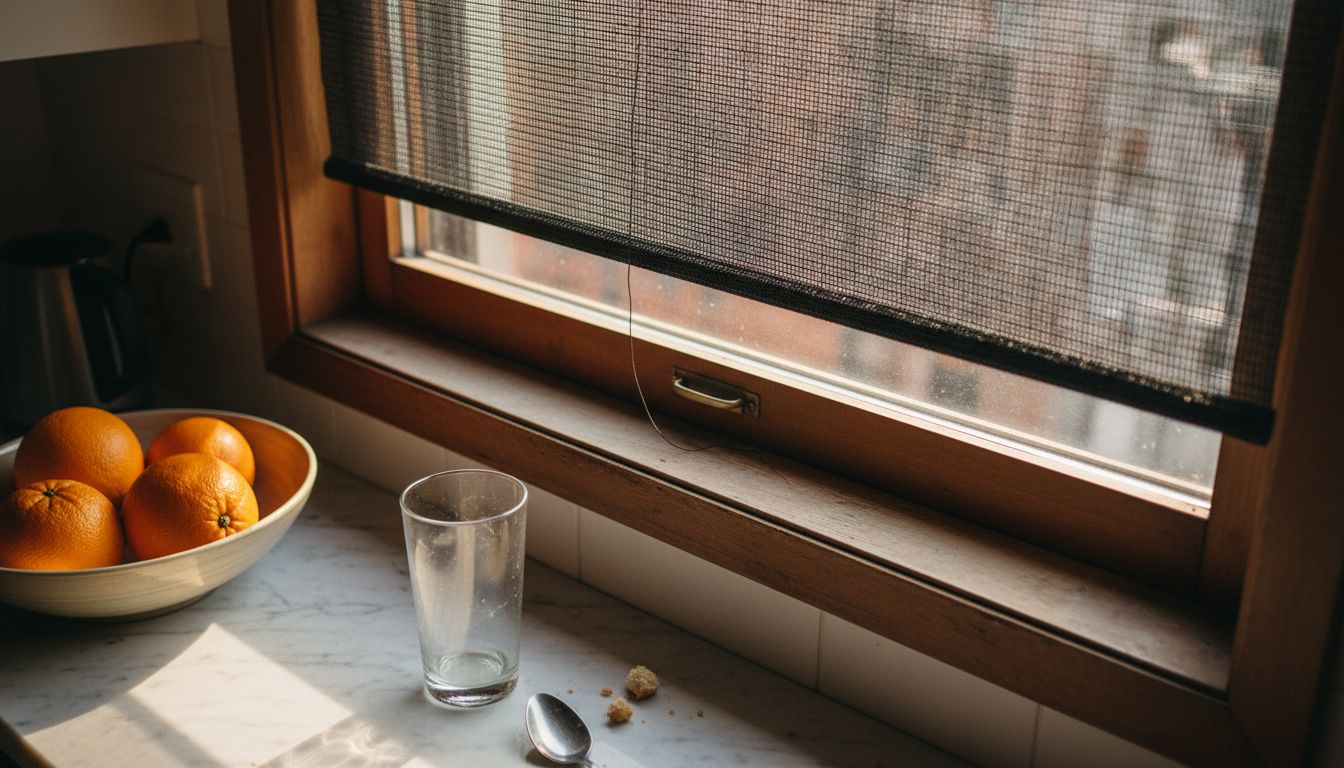 Close-up of solar screen shade in use