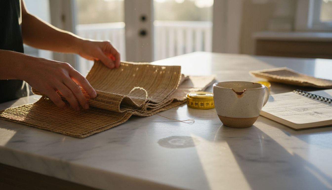 Hands reviewing woven shade material samples