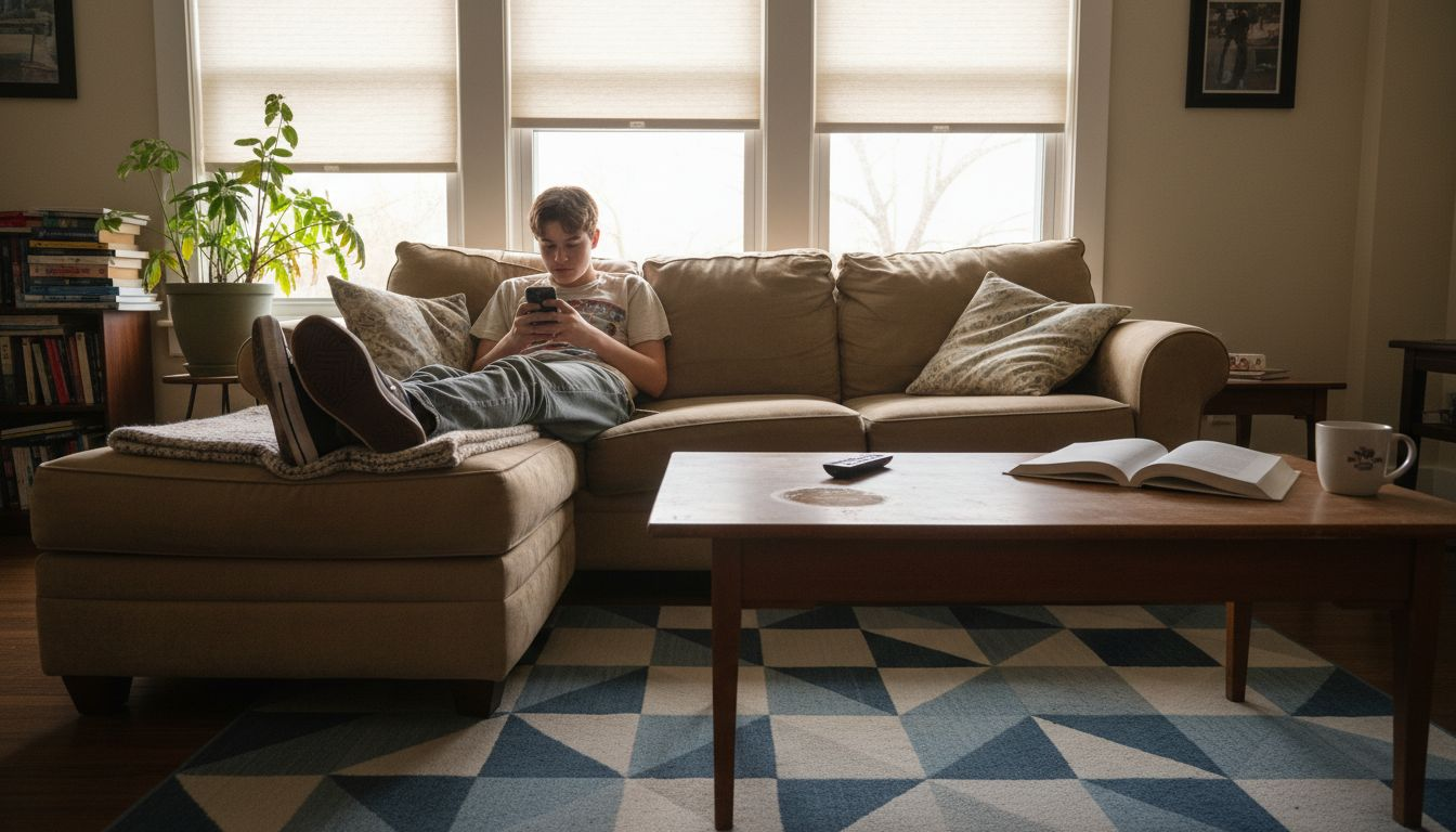 Living room with motorized shades and teen