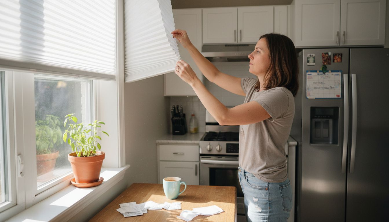 Homeowner adjusting energy-efficient cordless blinds
