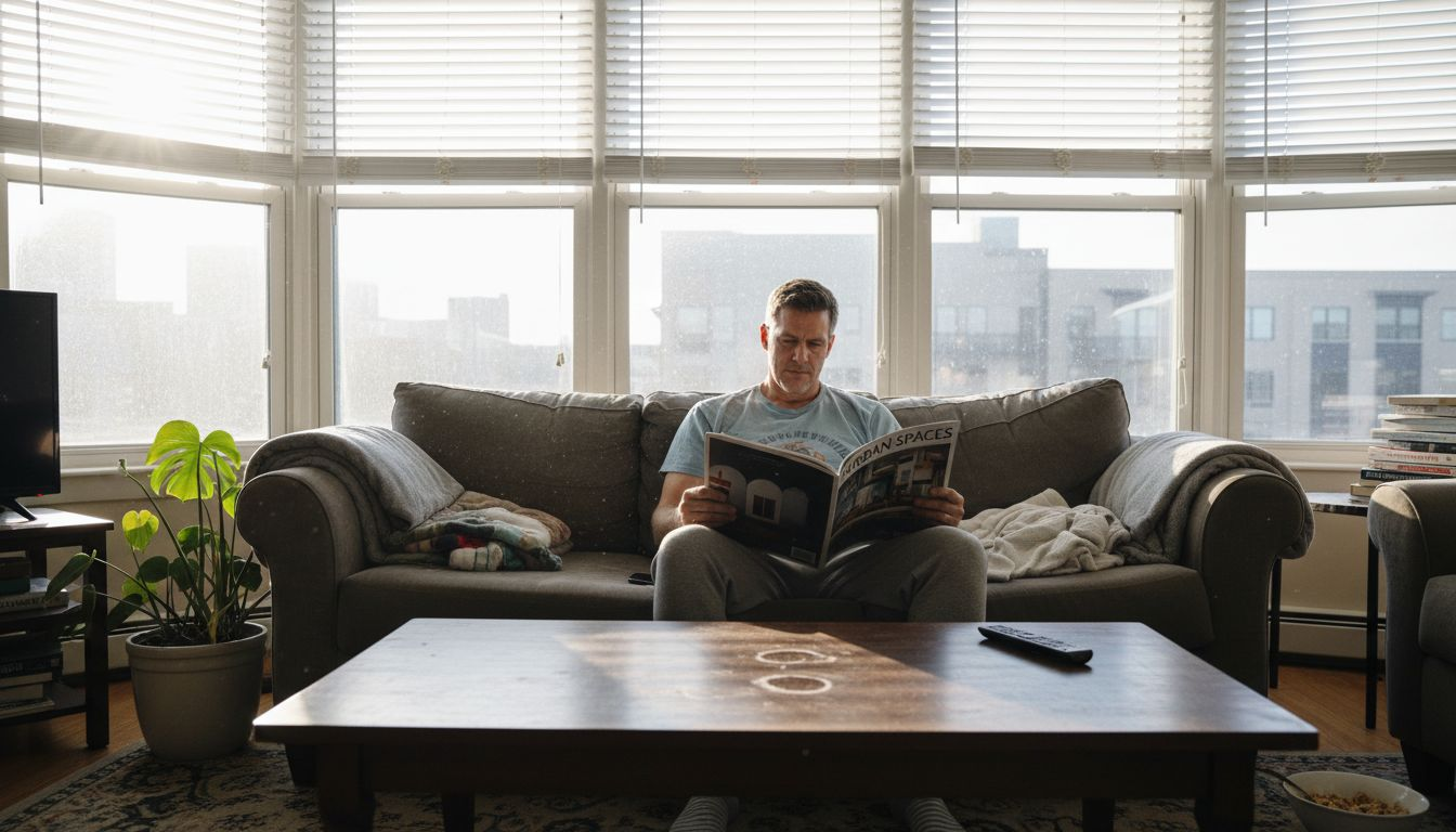 Homeowner reading near modern blinds