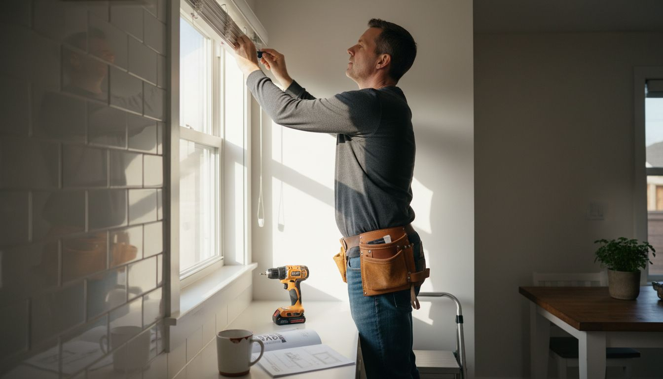 Technician installing motorized blinds in kitchen
