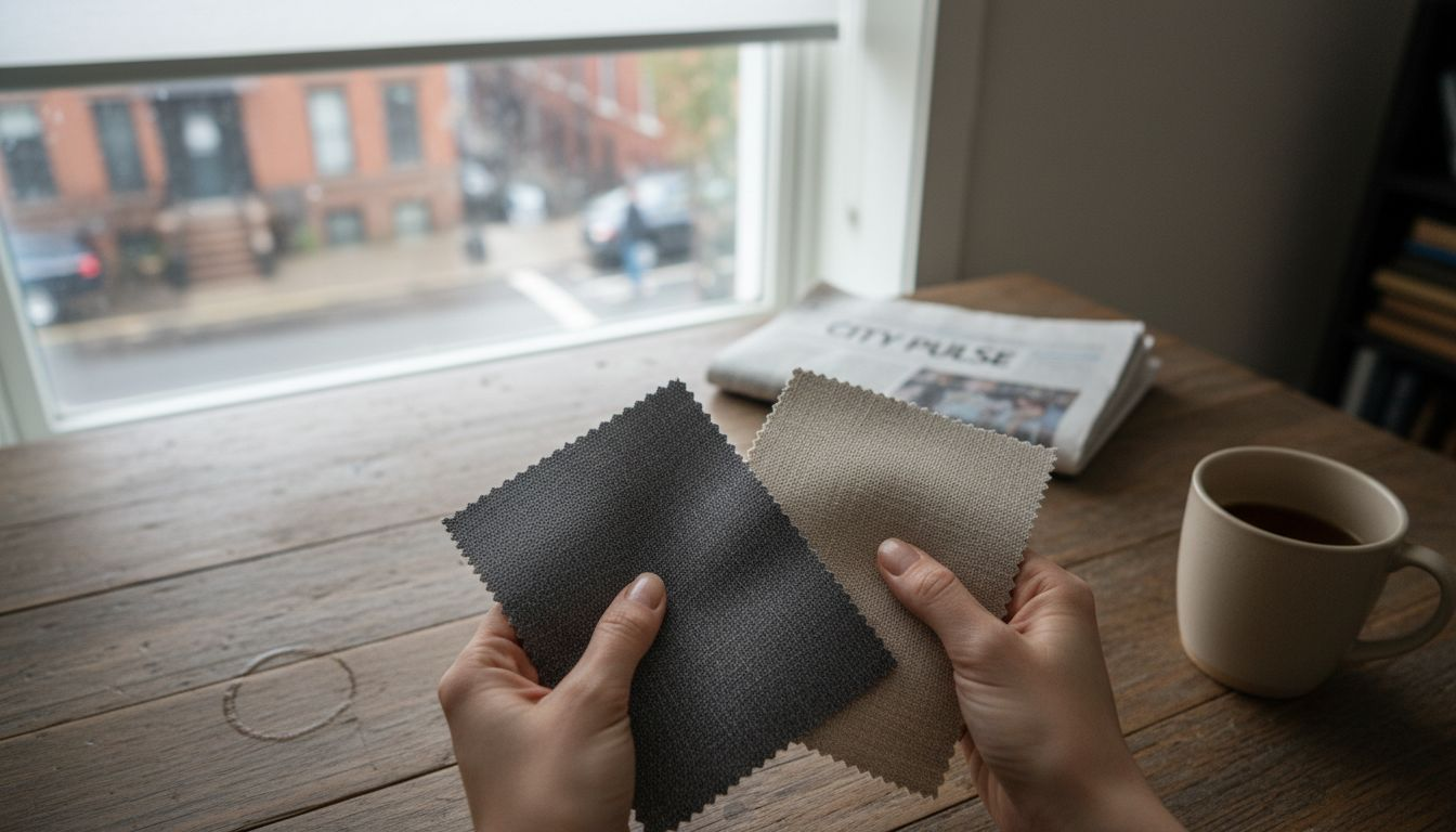 Hands comparing roller shade fabric samples