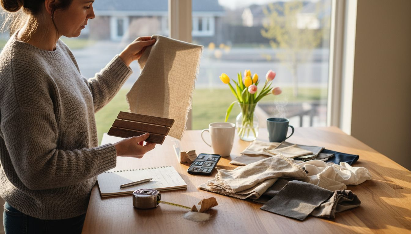 Designer reviewing window shade material samples