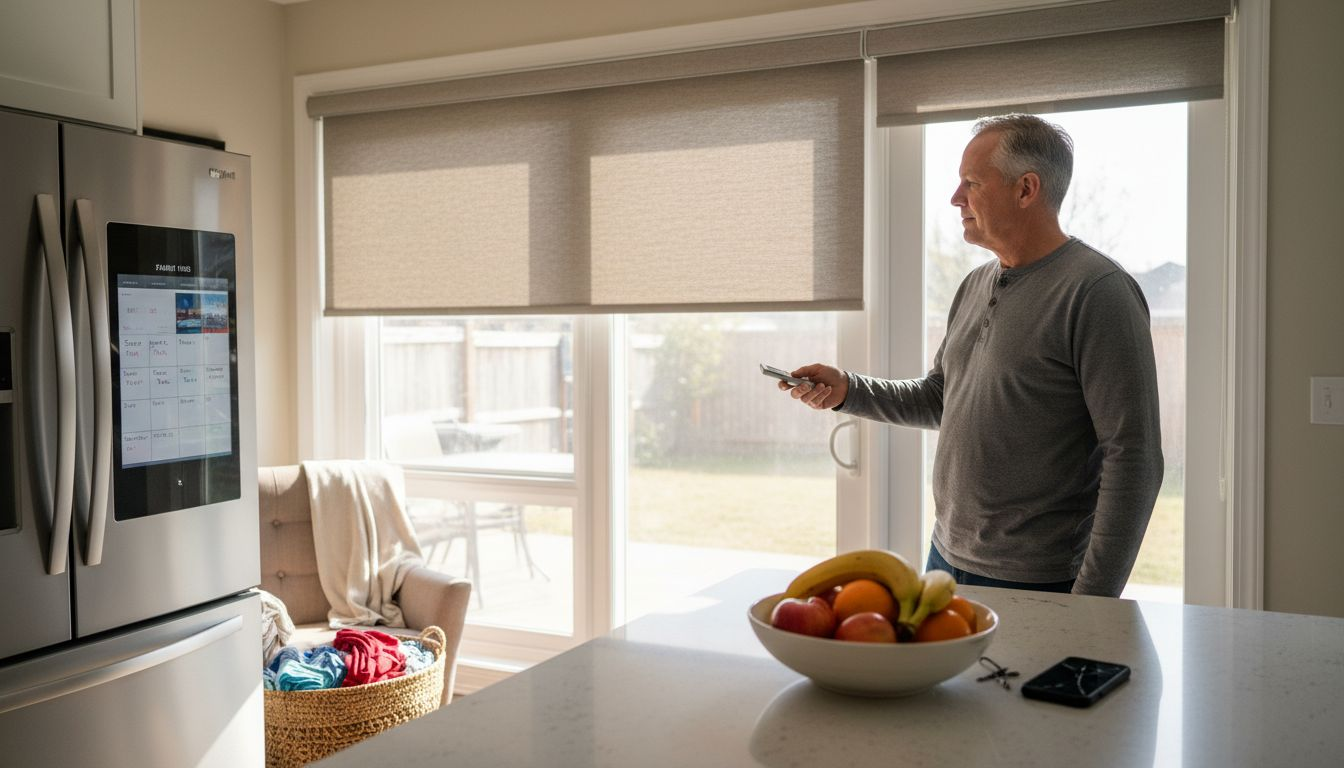 Man using motorized blinds remote in kitchen