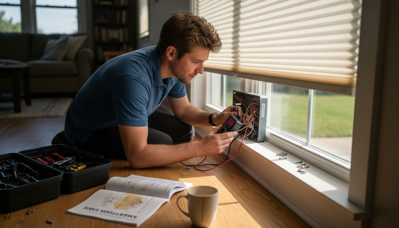Installer checks motorized sun shade mechanism