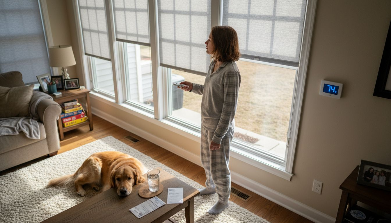 Blinds blocking sun with teen adjusting remote