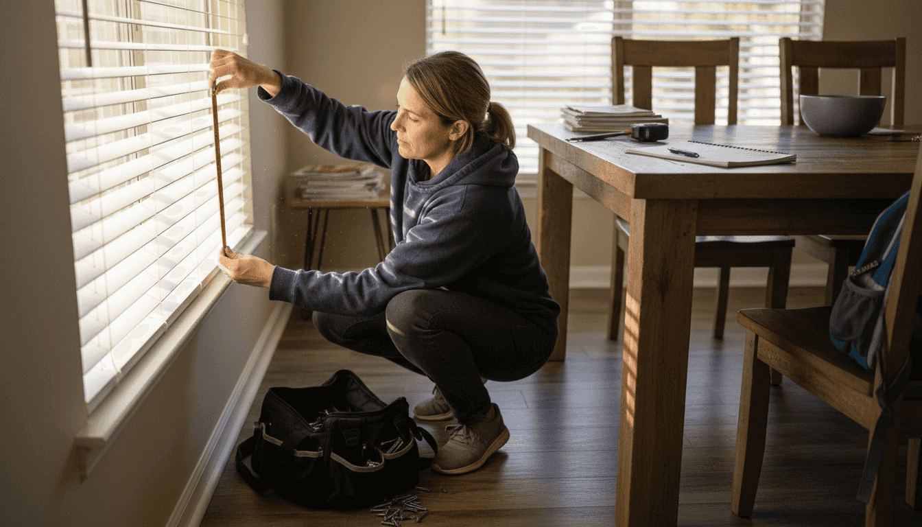 Woman measuring blinds for motorization kit