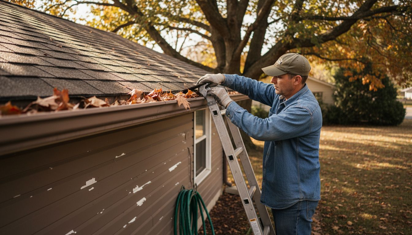 Handyman inspects roof shingles and gutters