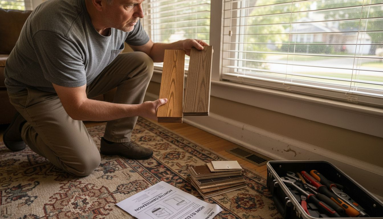 Person comparing wood and faux wood blinds
