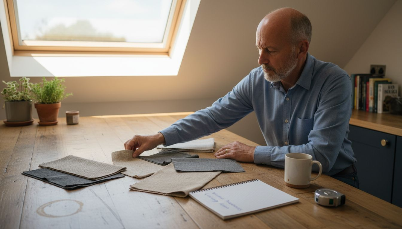 Comparing roman shade fabric swatches at kitchen island