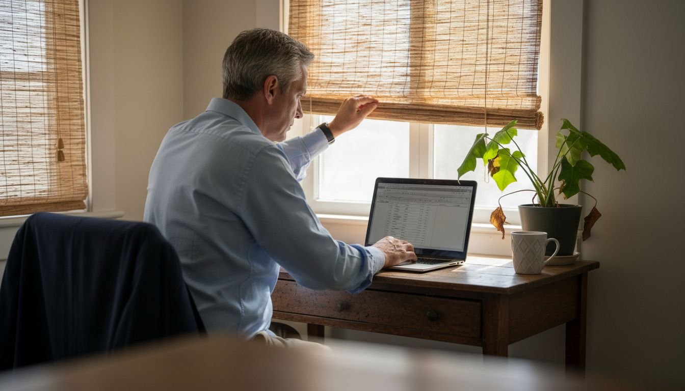 Man adjusts cordless woven blinds in home office