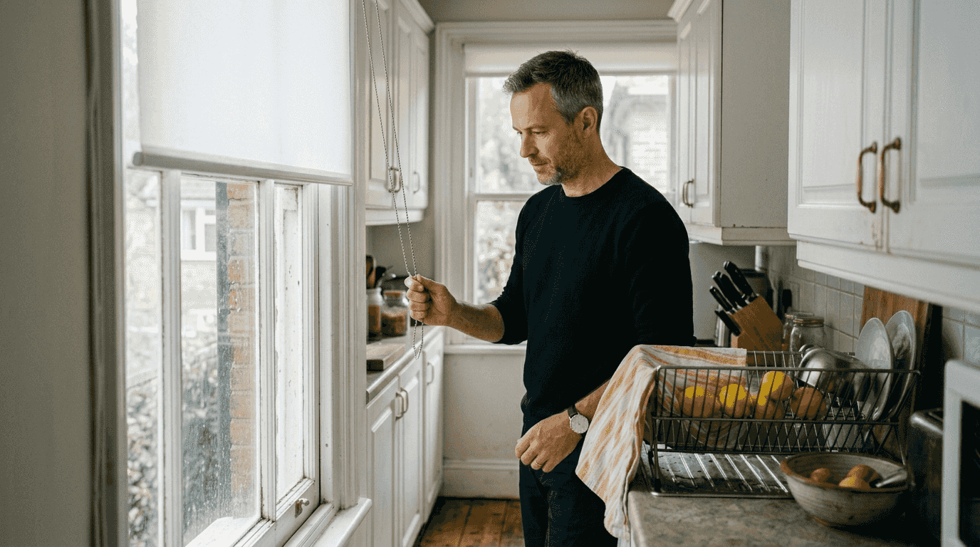 Man raising roller blinds in bright kitchen