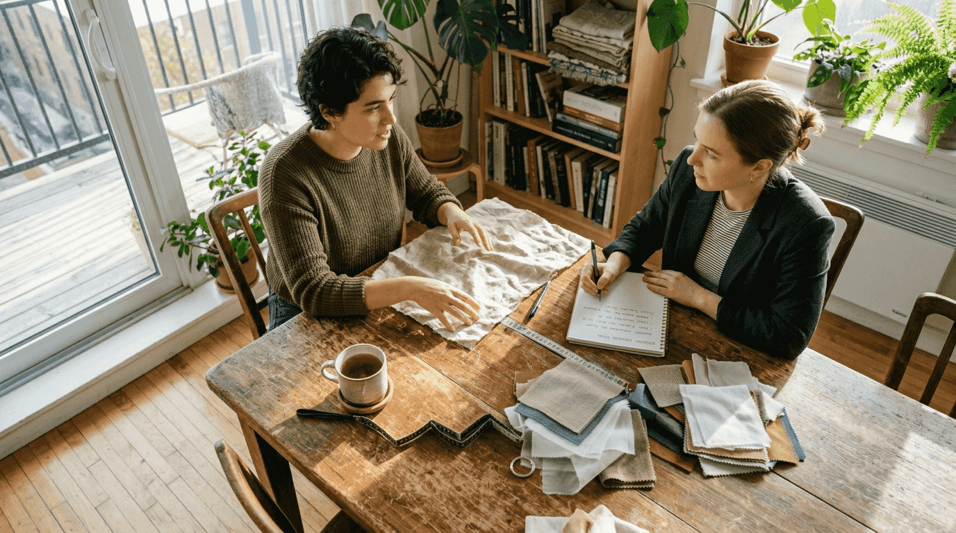 Designers comparing window fabric samples