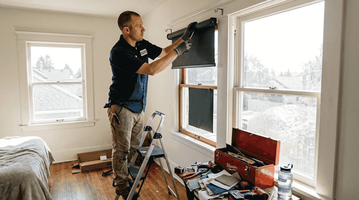 Installer aligning blackout shade roller mechanism