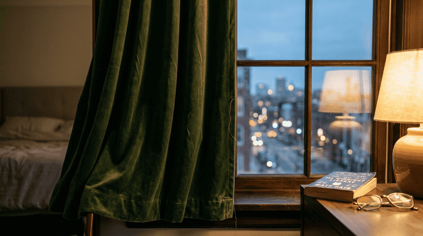 Velvet drapery detail with room accents