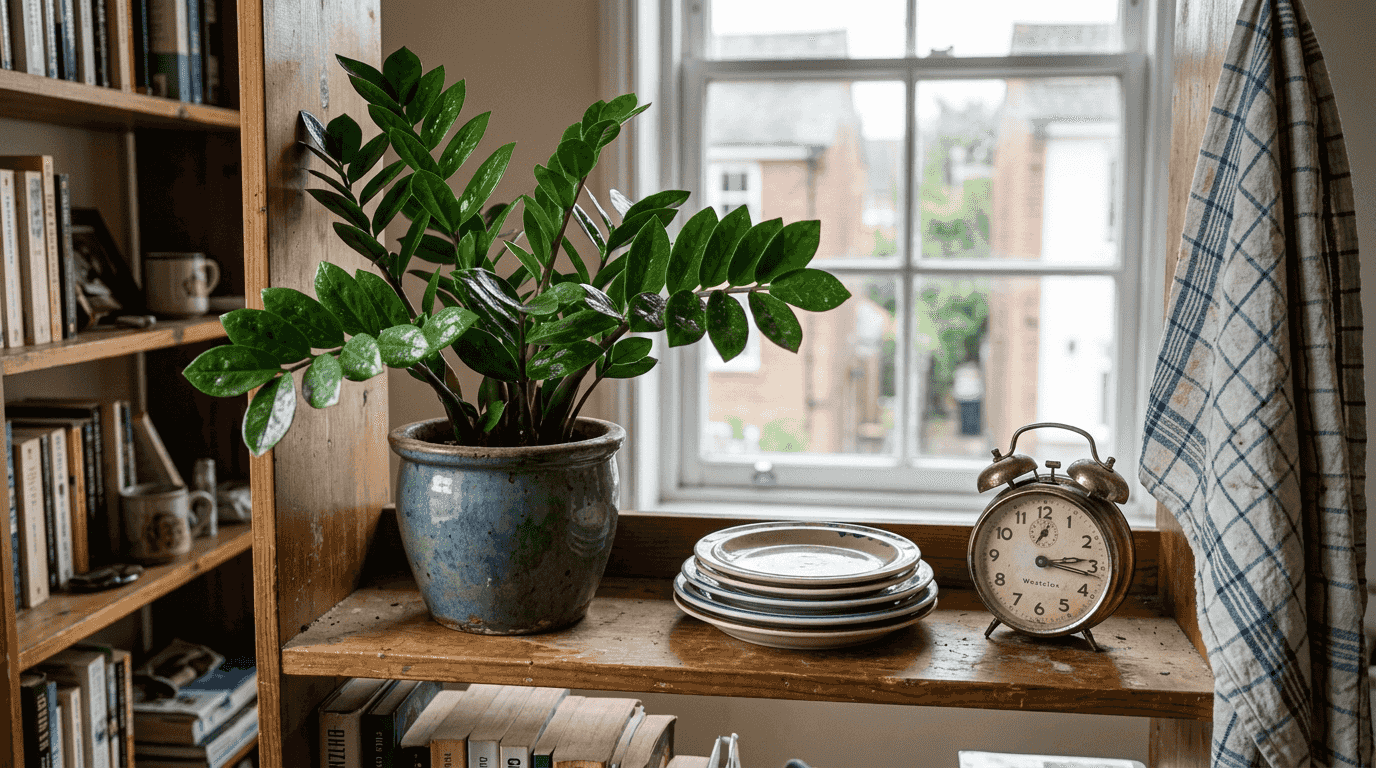 ZZ plant on bookshelf with daily clutter