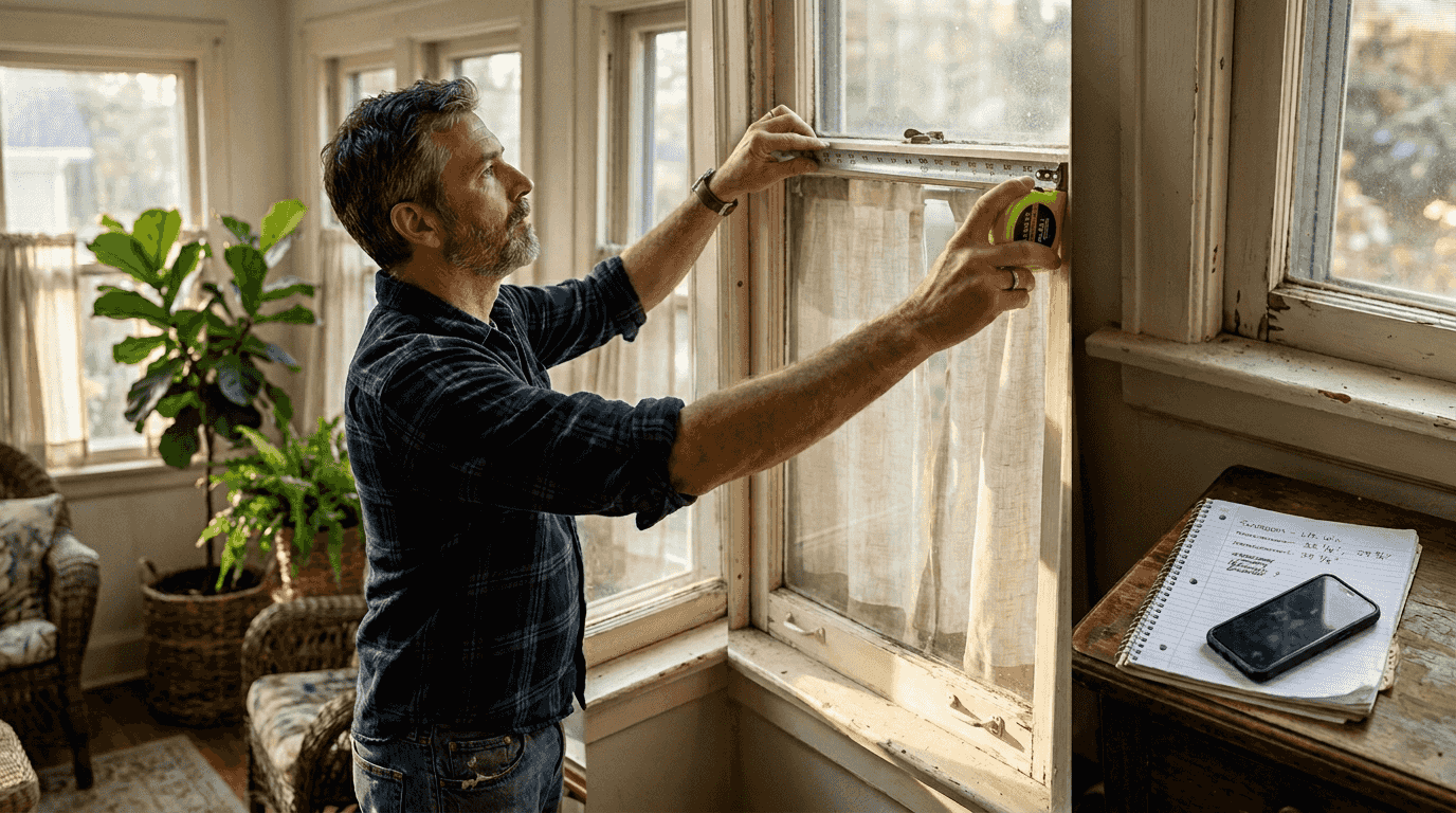Man measuring window width for treatments