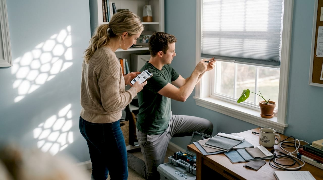 Couple installing cellular shades in home office