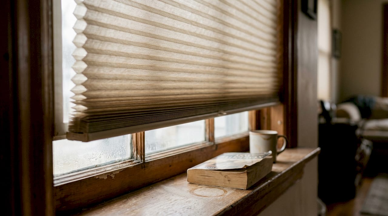 Close-up of honeycomb shade on window