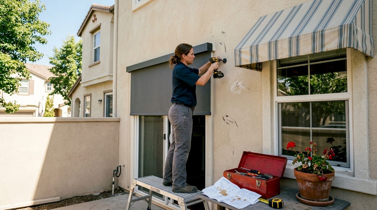 Contractor installing awning and roller shades