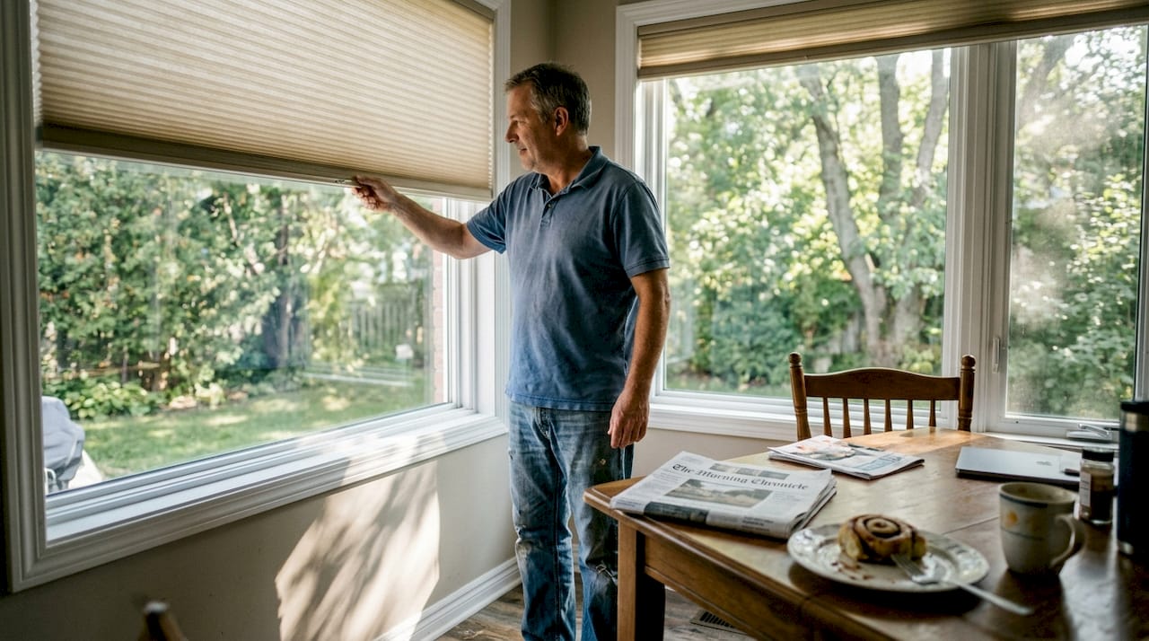 Person adjusting cellular shade in breakfast nook
