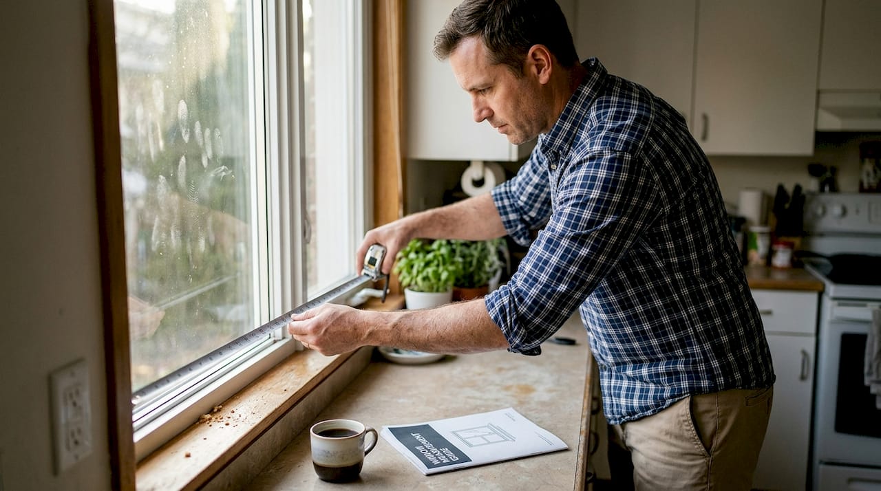 Man measuring inside window mount for blinds