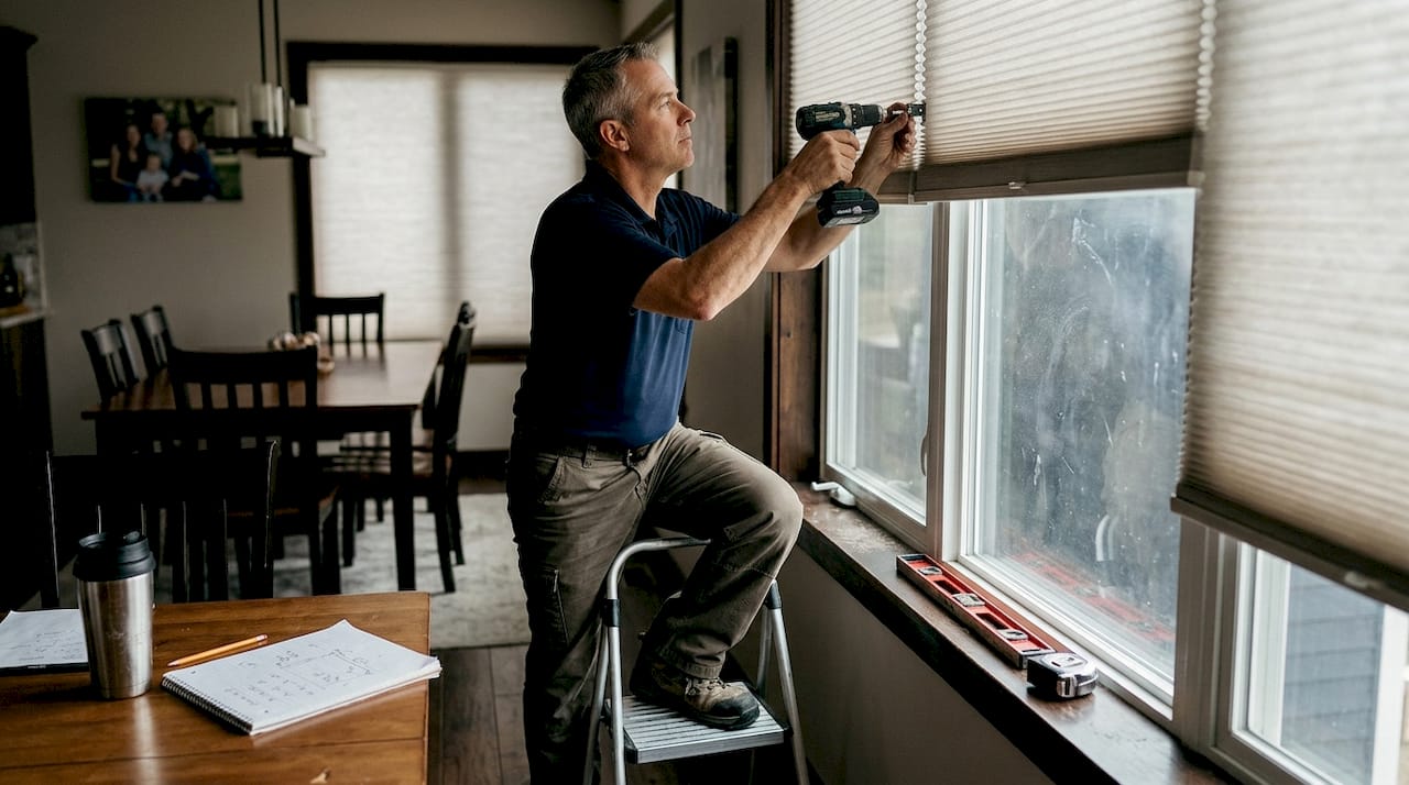 Technician installs cellular shades for insulation