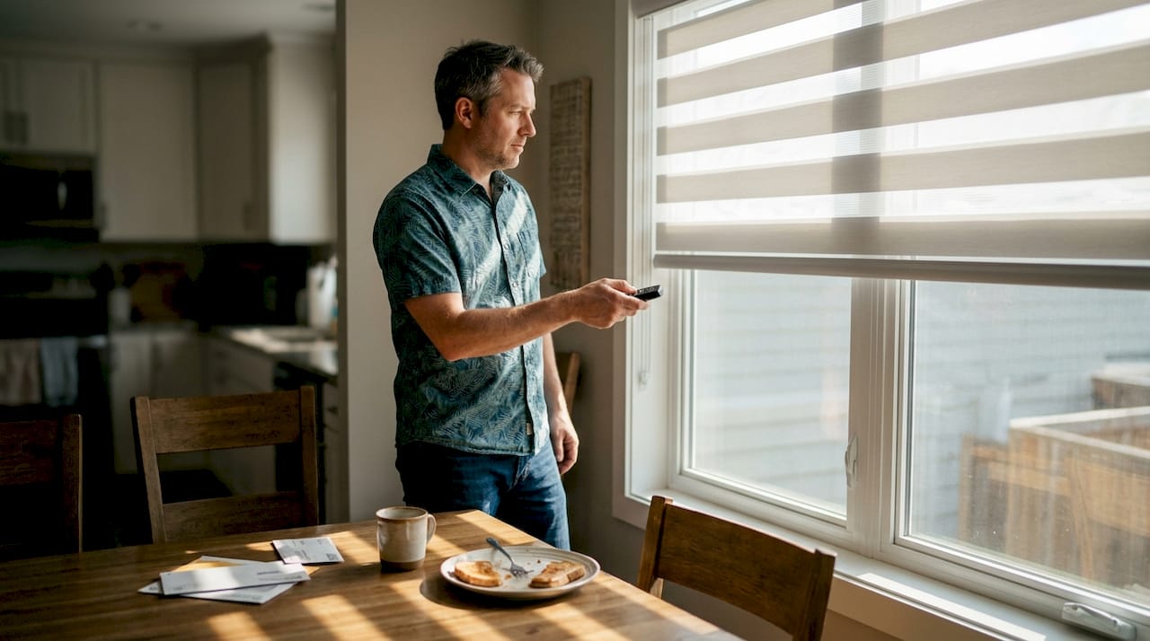 Man uses remote to operate zebra shades