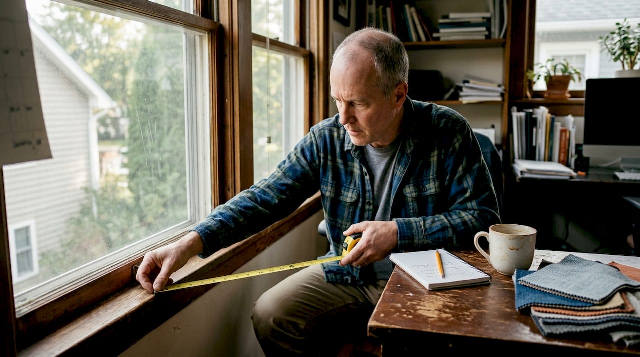Man measuring home office window for treatments