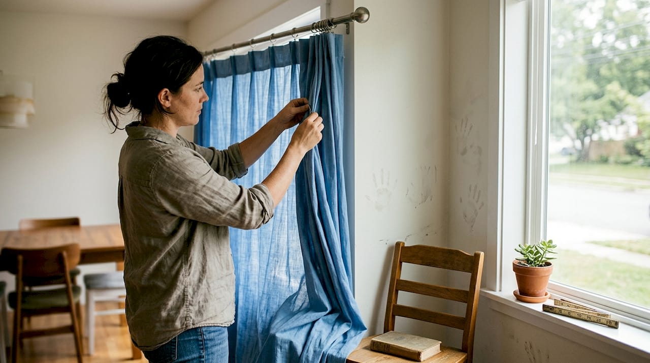 Hands adjusting full pleated curtains on rod