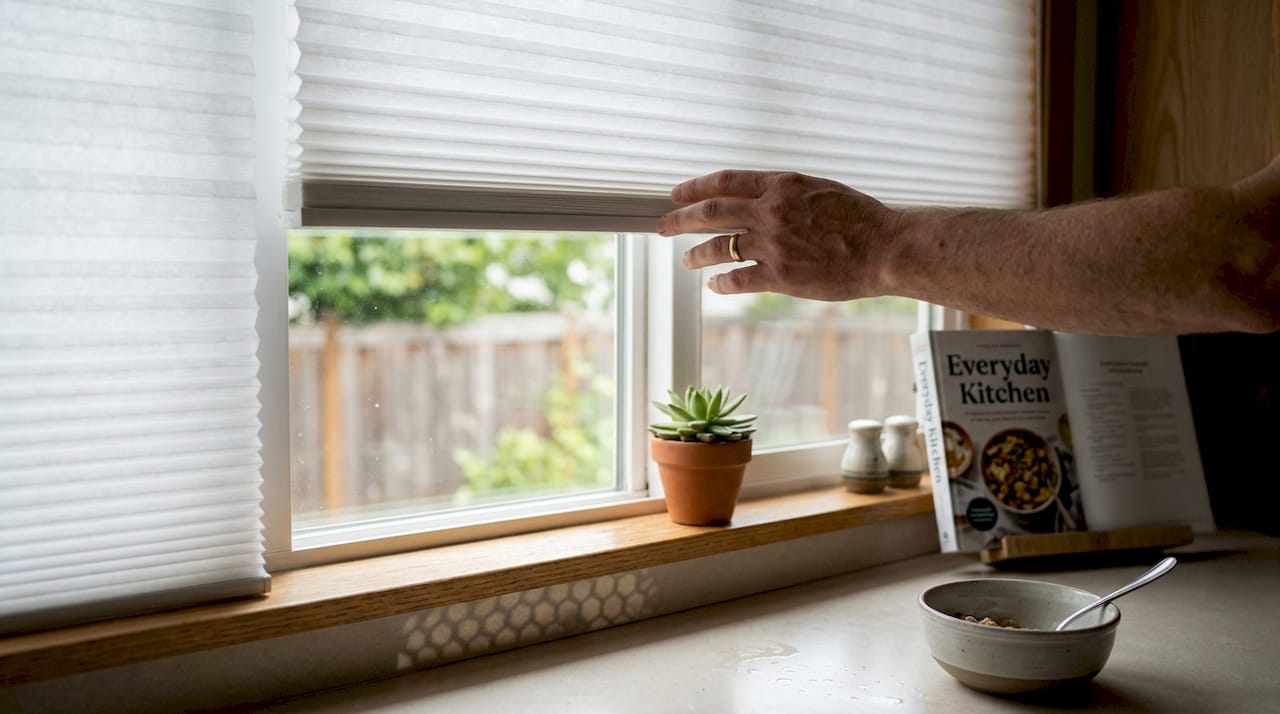 Double-cell shade on sunny kitchen window