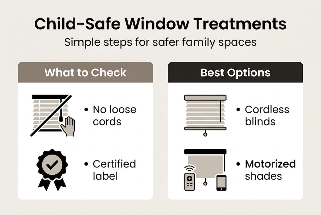 Infographic with child-safe window treatment tips