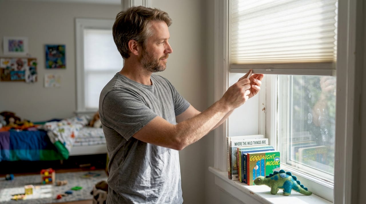 Parent lifting cordless window shade in bedroom
