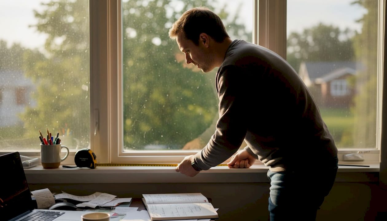 Homeowner measuring large window for blinds