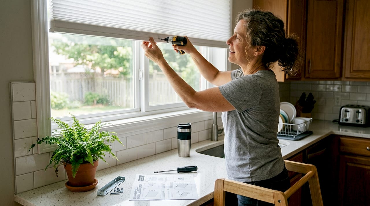 Homeowner mounting cordless blind in kitchen