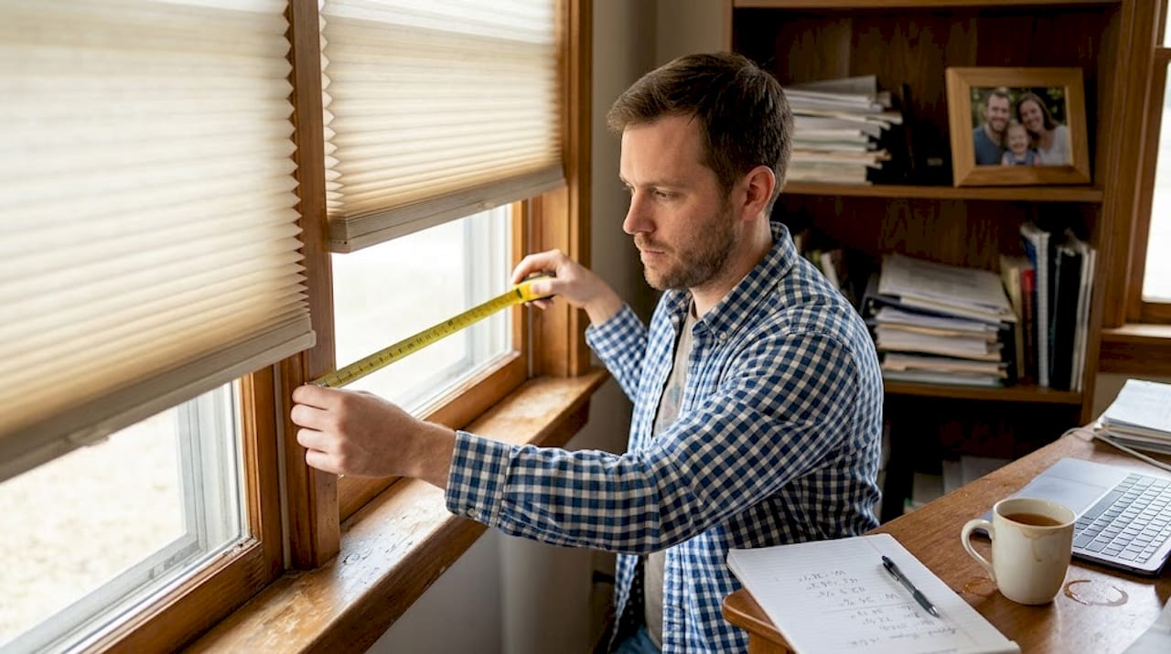 Man measuring window with cordless shades in office