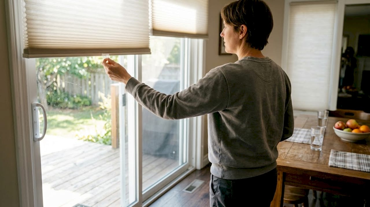 Person raising cordless cellular shades on door