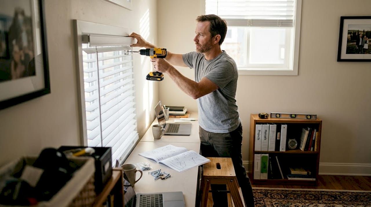 Man installing blinds with drill in home office