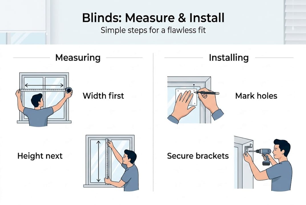 Infographic showing blinds measuring and installation steps