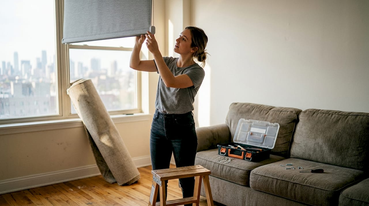Renter installing smart no-drill window blinds