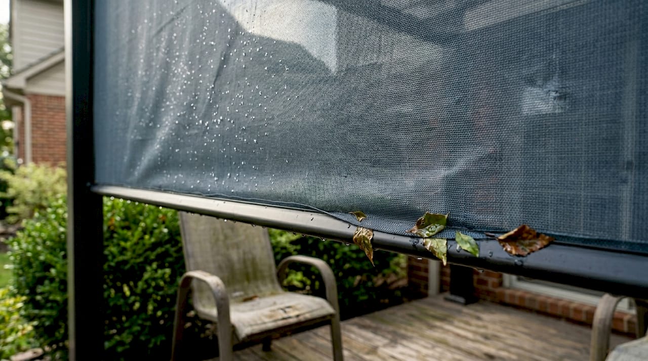 Close-up of wet solar shade fabric outdoors