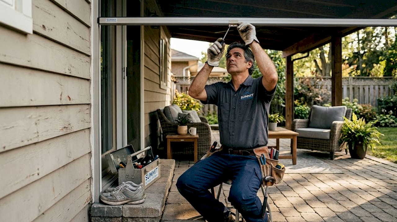Installer adjusts motorized screen on patio