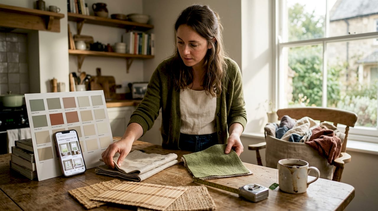 Designer sorting fabric swatches for window treatments