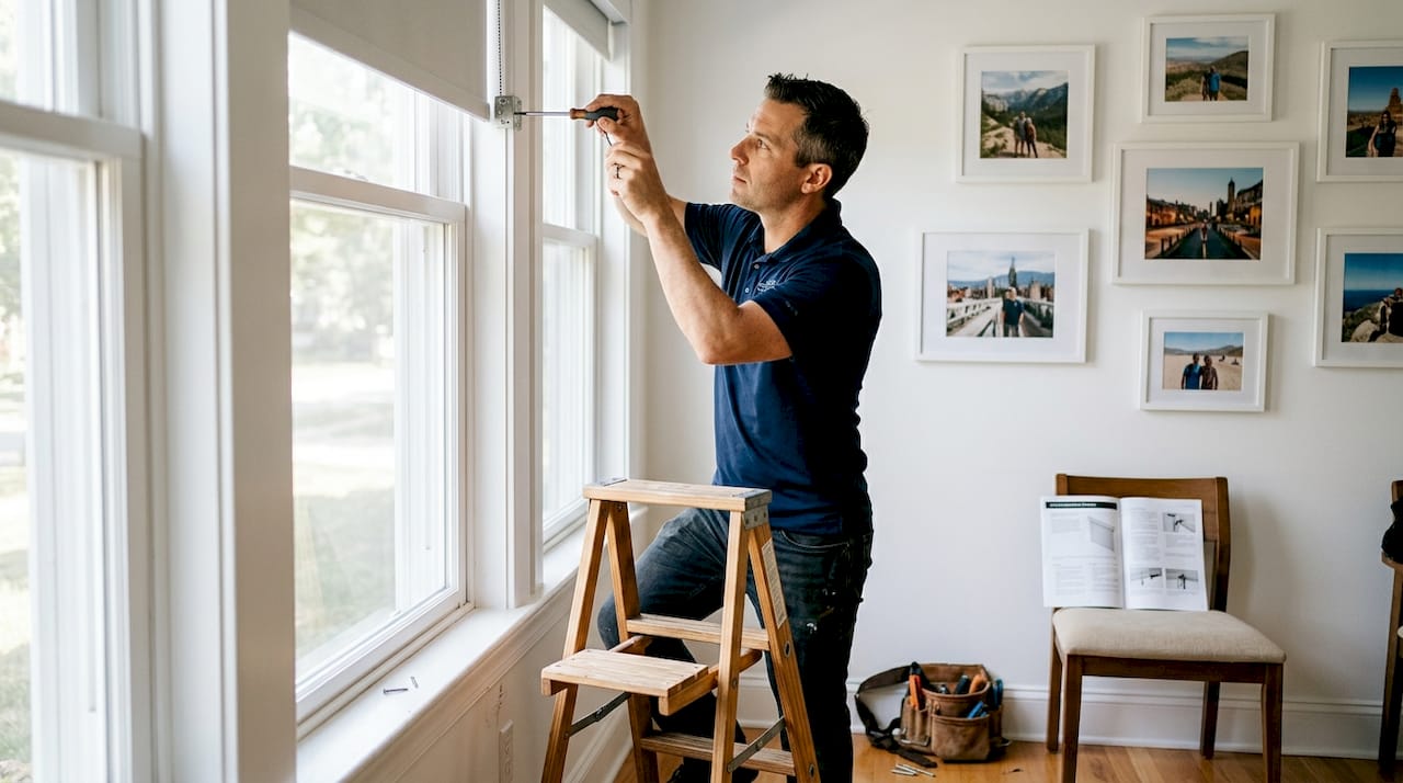 Installer adjusts new UV roller shade