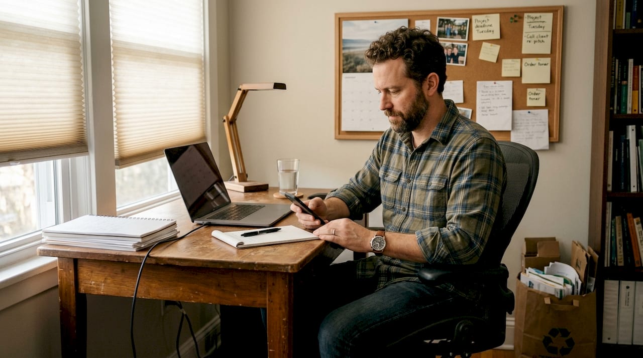 Man working near window with cellular shades